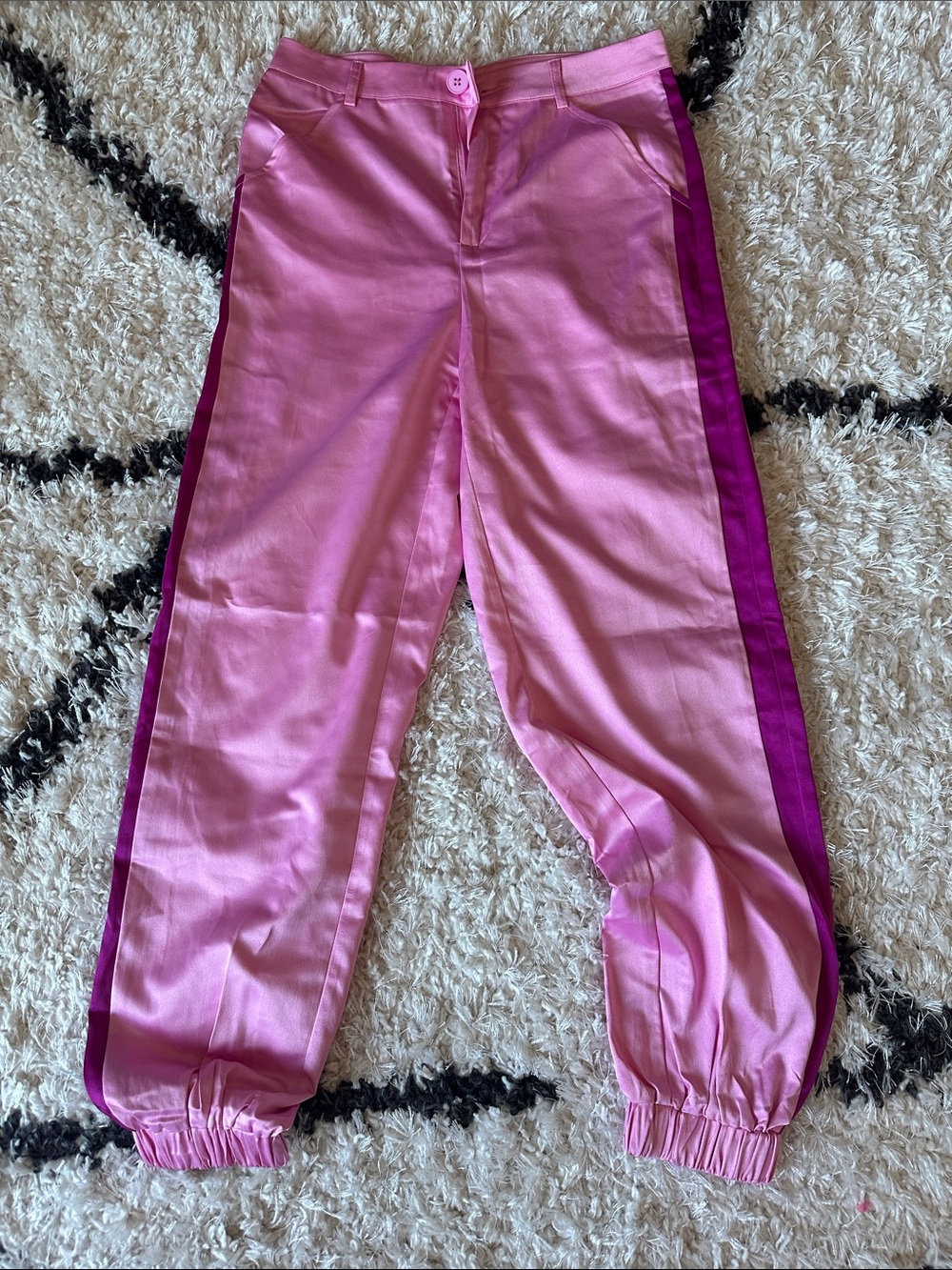 Silky Pink Two-Tone Jogger Pajamas with Dark Pink Side Stripe